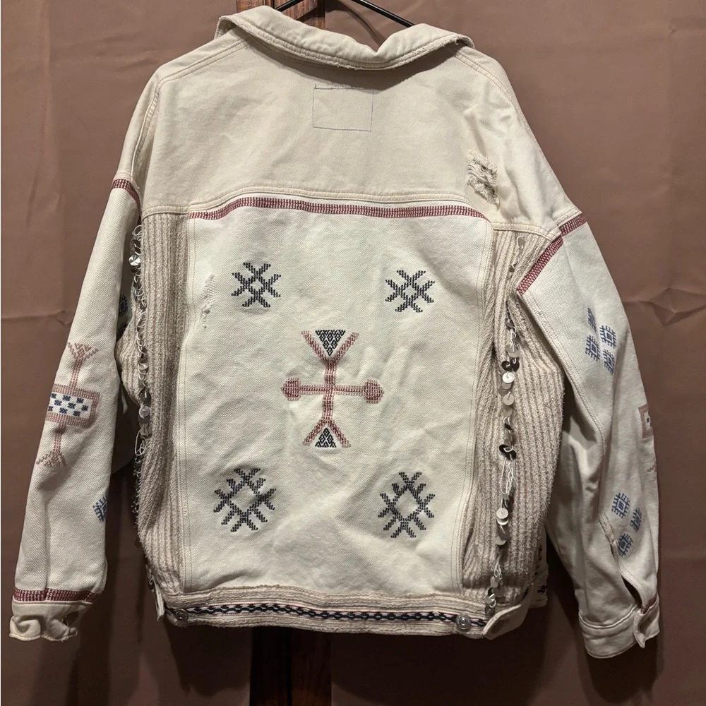 Free People Winter Cactus Embroidered Embellished Trucker Denim Jacket  Medium - Picture 9 of 13